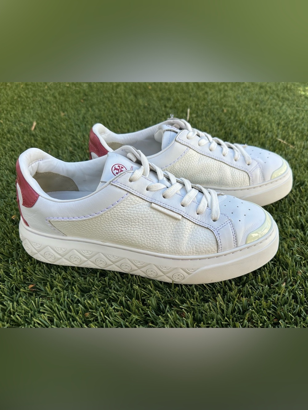 Tory Burch Ladybug Leather Sneakers in White with Mauve Heel Tab